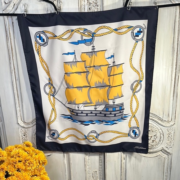 Vintage Nautical Ship with Yellow and Blue Accents Scarf Square Made in Italy - Picture 1 of 8